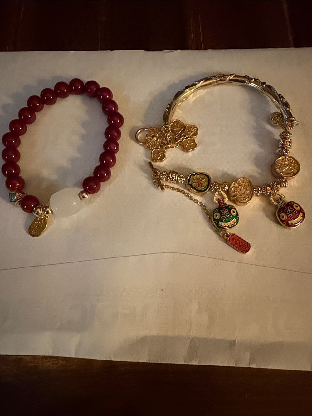 Oriental Gold Charm Bracelet Set with Red Beaded Stretch Bracelet